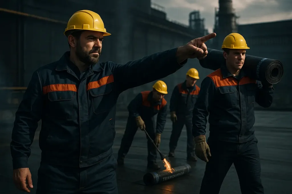 руководитель монтажников контролирует работу на крыше