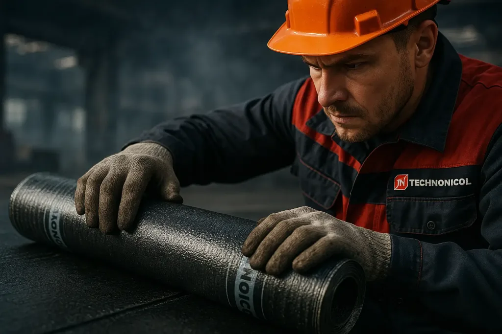 руки рабочего укладывают битумный слой