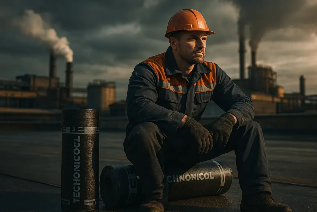 рабочий сидит на рулоне во время перерыва