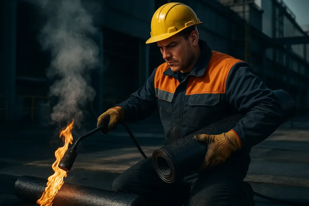 наплавление битумного материала огнем горелки