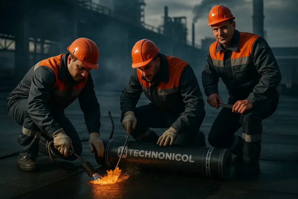 монтажники вместе укладывают рулонную гидроизоляцию