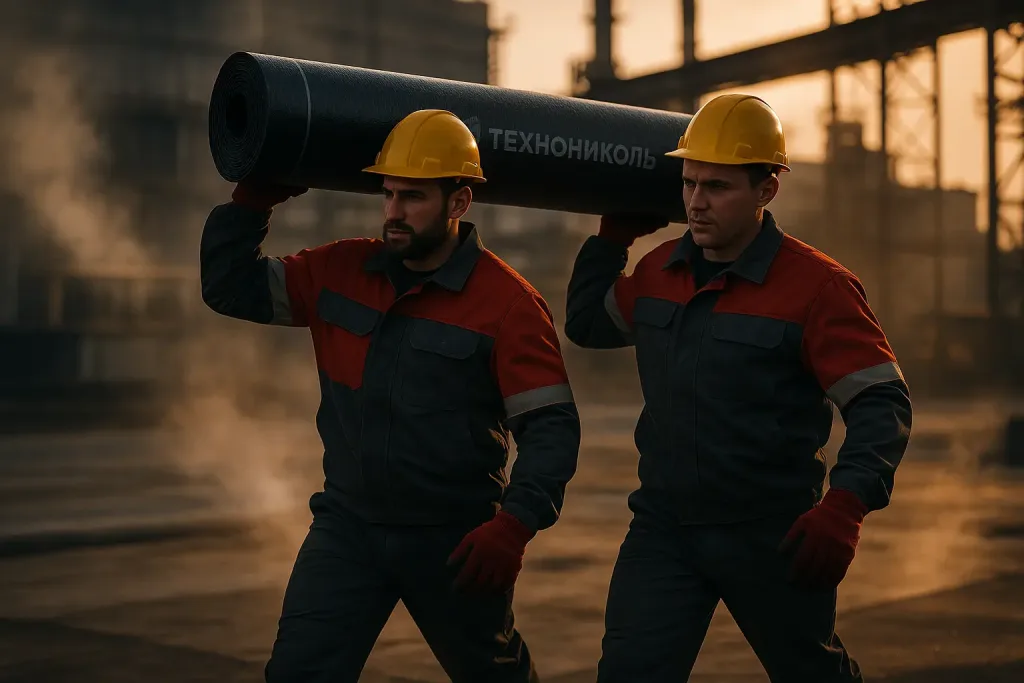 два рабочих переносят рулон гидроизоляции