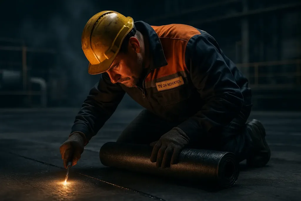 рабочий контролирует линию наплавления рулона