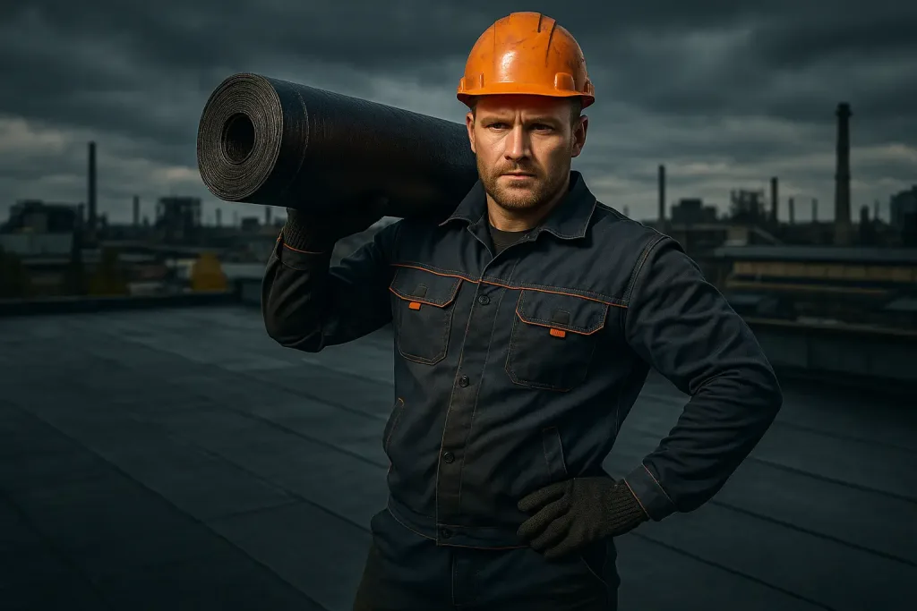 рабочий уверенно держит рулон на крыше