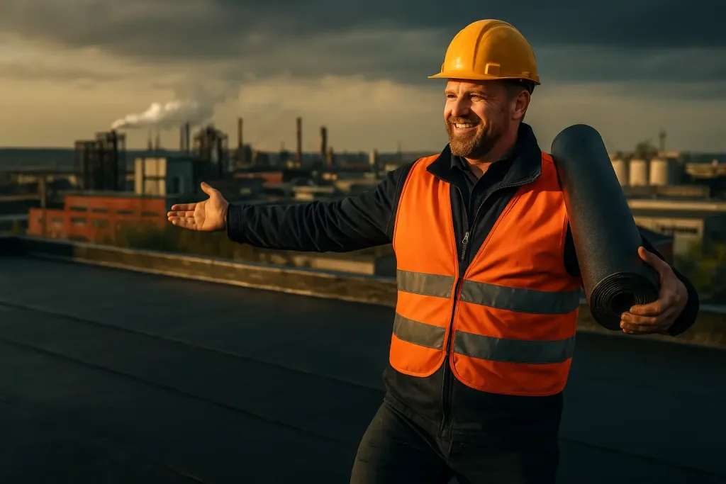 инженер оценивает готовую гидроизоляцию на крыше