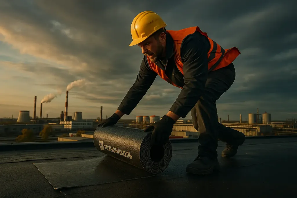 рабочий раскатывает рулон гидроизоляции на крыше